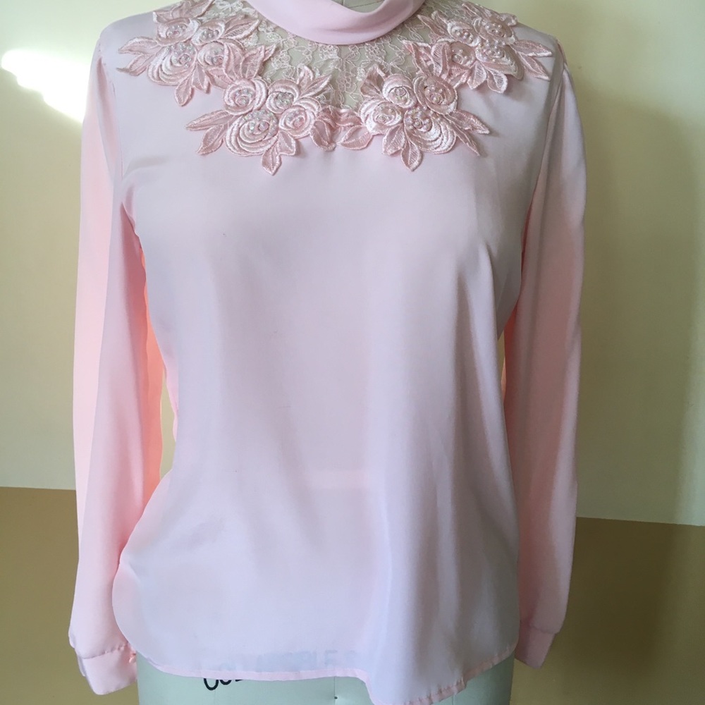 Light pink laced sequined high neck blouse